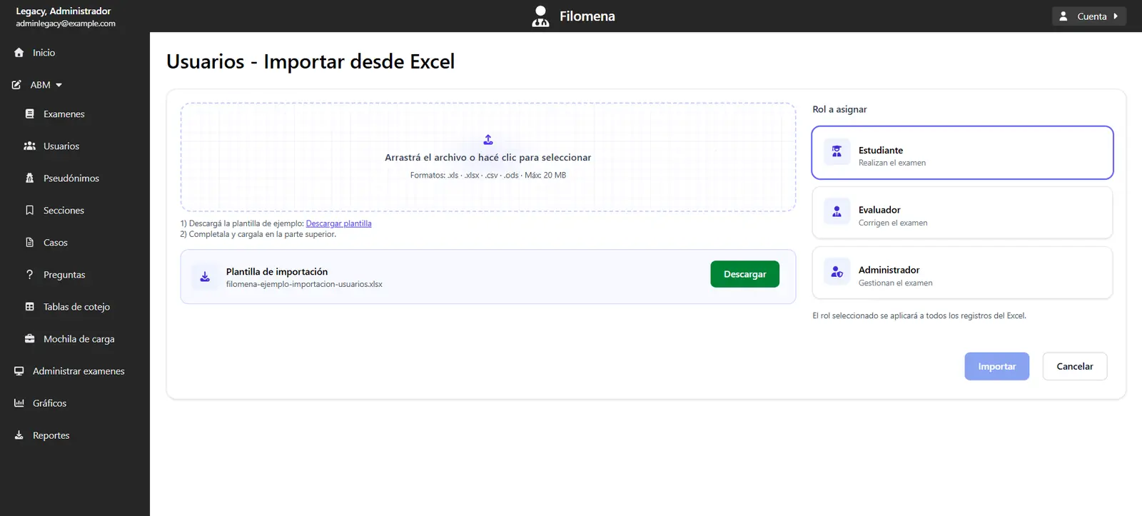 Importación por planilla, con zona de carga, descarga de plantilla y selector de rol