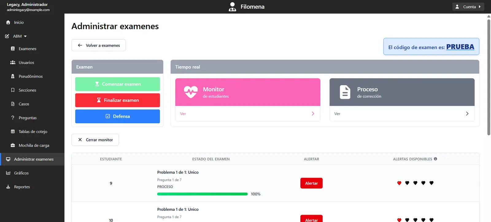 Monitoreo en vivo de estudiantes por seudónimo, con su progreso y un control de alerta