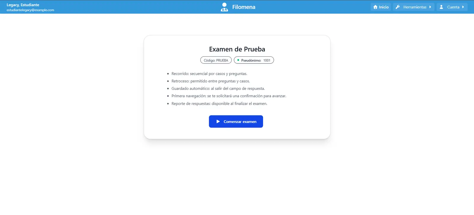 Tarjeta de ingreso al examen con el código, el seudónimo asignado y las reglas