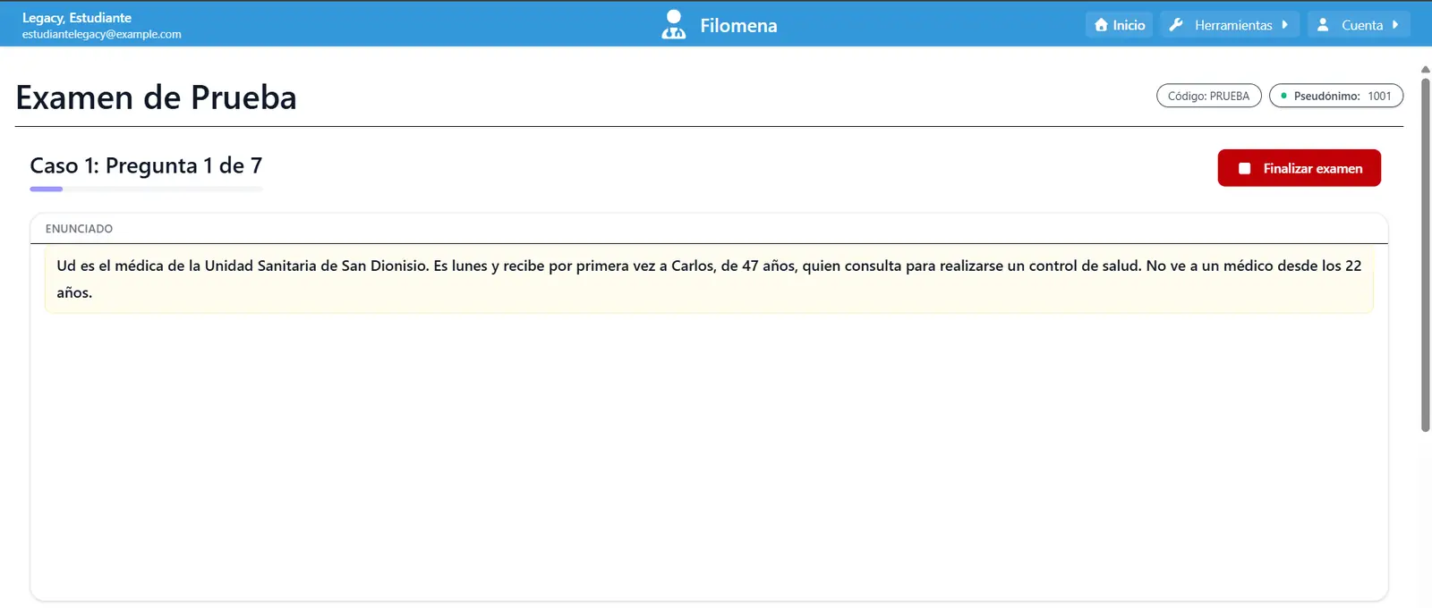 Examen en curso, en el caso uno, pregunta uno de siete, con el texto del escenario