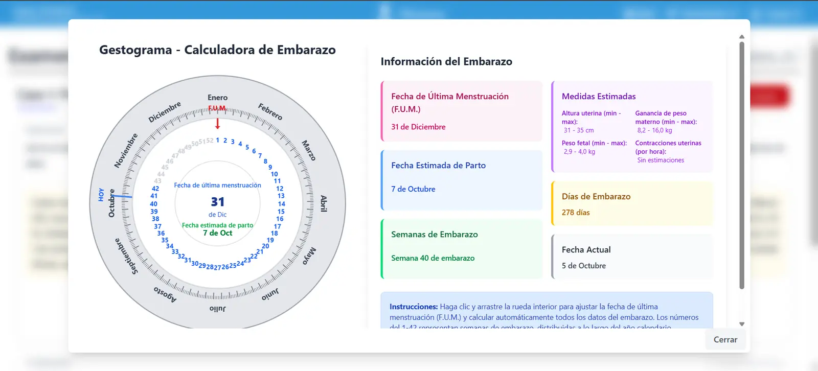 Calculadora gestacional integrada al examen, con selector de fecha y las fechas que deriva
