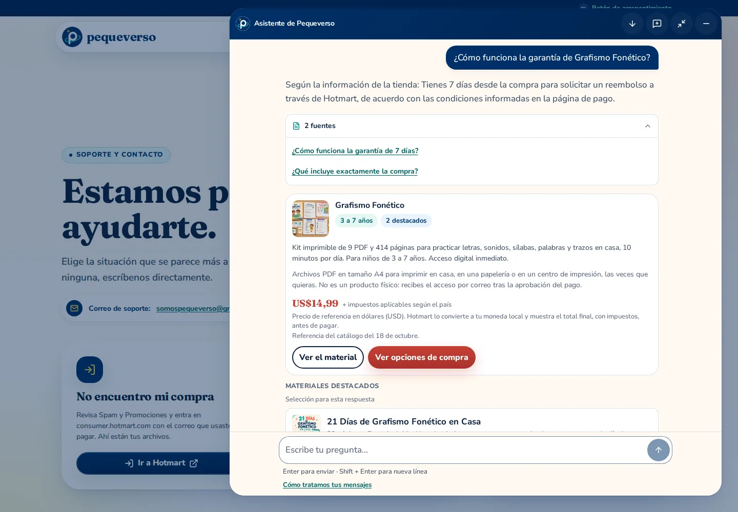 Expanded assistant view with the answer, its sources, a product card with a validated price and related materials