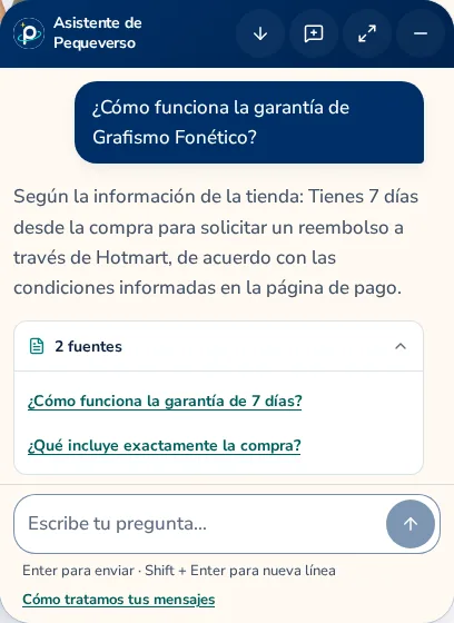 Assistant panel answering a guarantee question with two expanded sources, using a test model