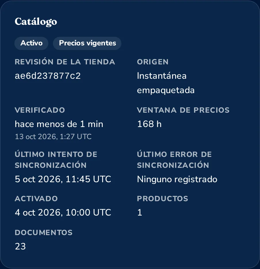 Catalog panel with the store revision, last verified sync, price window and indexed documents