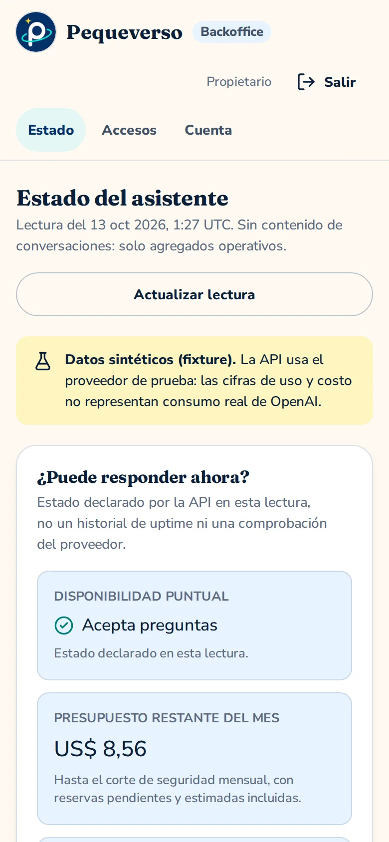 Back office status page on a phone, with availability and remaining budget labelled as synthetic data