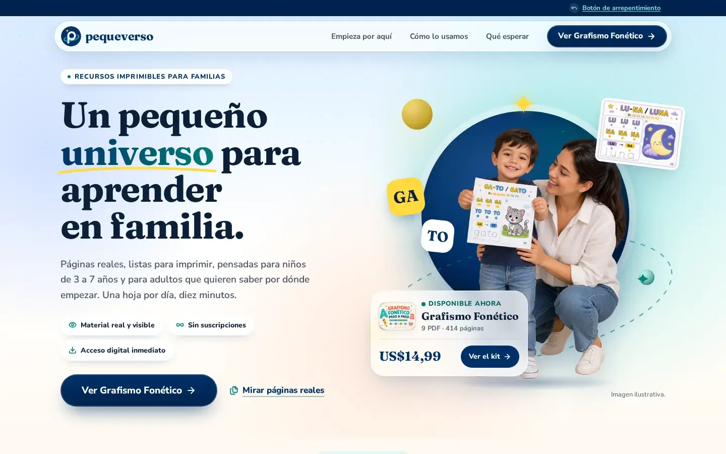 Pequeverso store home page with the Grafismo Fonético kit, its price and a call to action